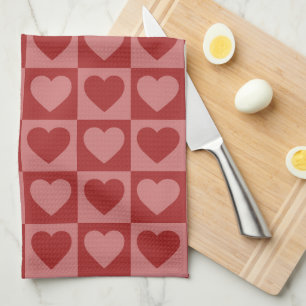 Modern Retro Red and Pink Minimalist Heart Pattern Tea Towel