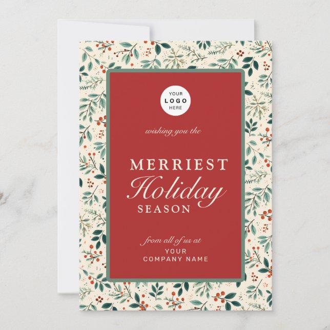 Modern retro red green business logo name holiday card (Front)
