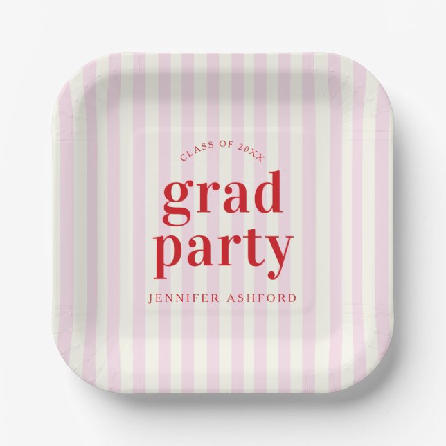 Modern Retro Red & Pink Stripes Graduation Party Paper Plate (Front)