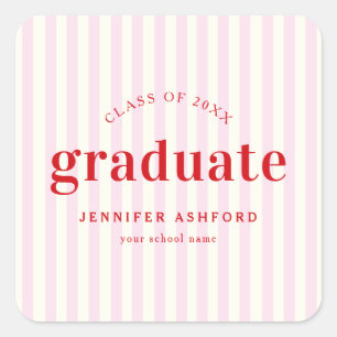 Modern Retro Red & Pink Stripes Graduation Party Square Sticker