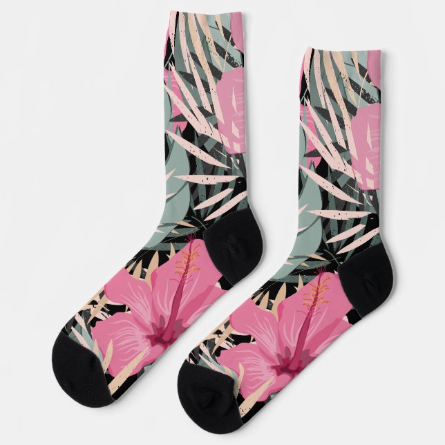 Modern retro seamless Tropical pattern black pink Socks (Left)