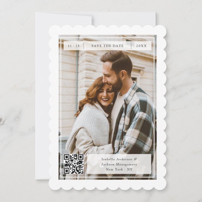 Modern Retro Stamp QR Code Wedding Two Sided Photo Save The Date (Front)