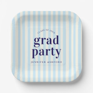 Modern Retro Stripes Blue Graduation Party Paper Plate