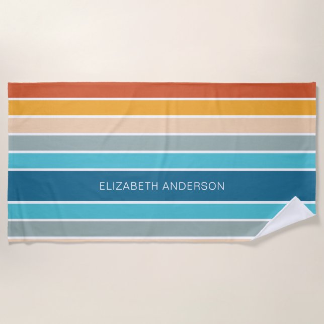 Modern Retro Sunset Stripes Personalised  Beach Towel (Front)