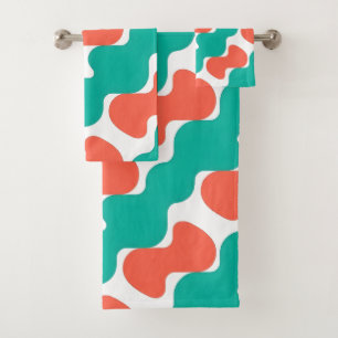 Modern Retro Teal and Coral Wavy Bold Pop Art Bath Towel Set