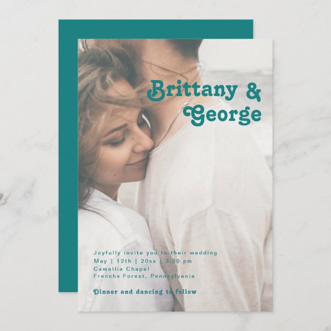 Modern Retro | Teal Casual Faded Photo Wedding Invitation (Front/Back)