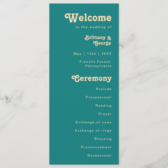 Modern Retro | Teal Cream Wedding Program Programme (Front)