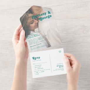 Modern Retro   Teal Faded Photo Seal and Send All In One Invitation