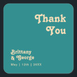 Modern Retro | Teal Thank You Wedding Favour Square Sticker<br><div class="desc">This modern retro | teal thank you wedding favour square sticker is perfect for your simple vintage, colourful tropical boho summer wedding. Its unique bohemian mid-century font gives this design a classic minimalist groovy hippie vibe. If you're looking for a design that features bright, bold colours for your creative 70's...</div>