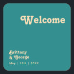Modern Retro | Teal Wedding Welcome Square Sticker<br><div class="desc">This modern retro | teal wedding welcome square sticker is perfect for your simple vintage, colourful tropical boho summer wedding. Its unique bohemian mid-century font gives this design a classic minimalist groovy hippie vibe. If you're looking for a design that features bright, bold colours for your creative 70's beach wedding,...</div>