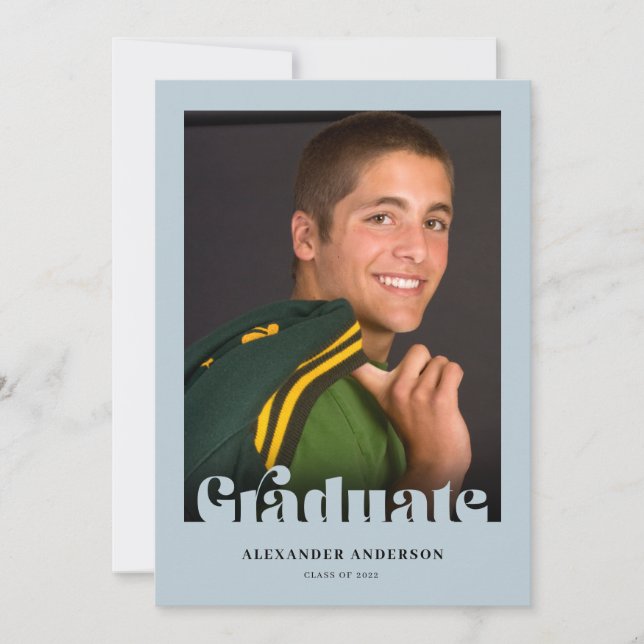 Modern Retro Text Photo Blue Graduation Invitation (Front)