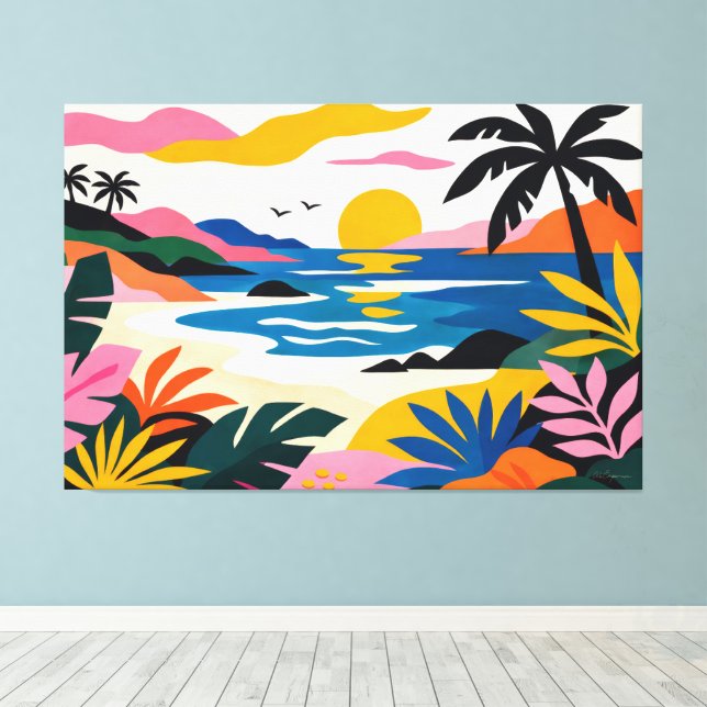 Modern retro tropical landscape 02 canvas print (Insitu(Wood Floor))