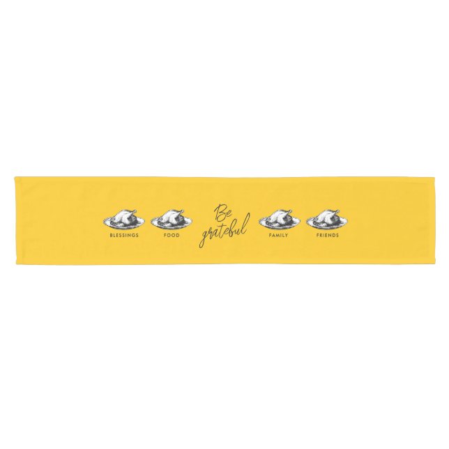 Modern Retro Turkey Grateful Thanksgiving Yellow Short Table Runner (Horizontal)