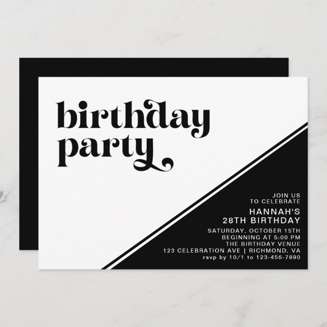 Modern Retro Typography | Black and White Birthday Invitation (Front/Back)
