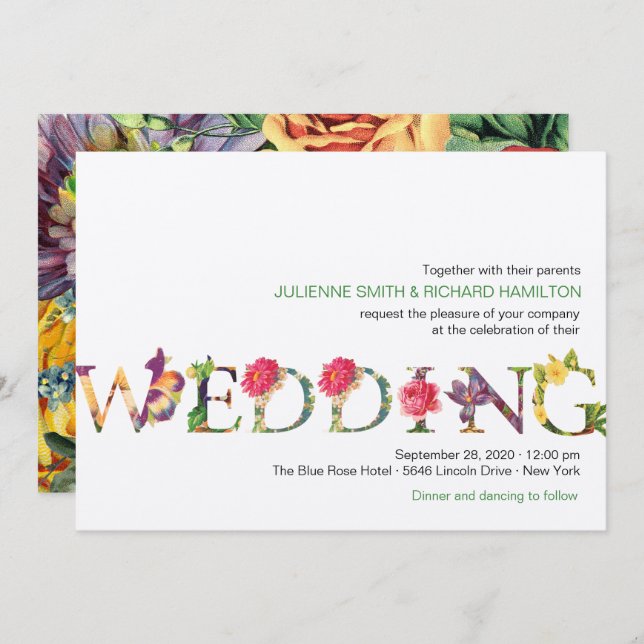 Modern Retro typography Floral Wedding Invitation (Front/Back)