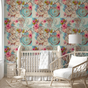 Modern Retro Victorian Pastel Steampunk Floral Wallpaper