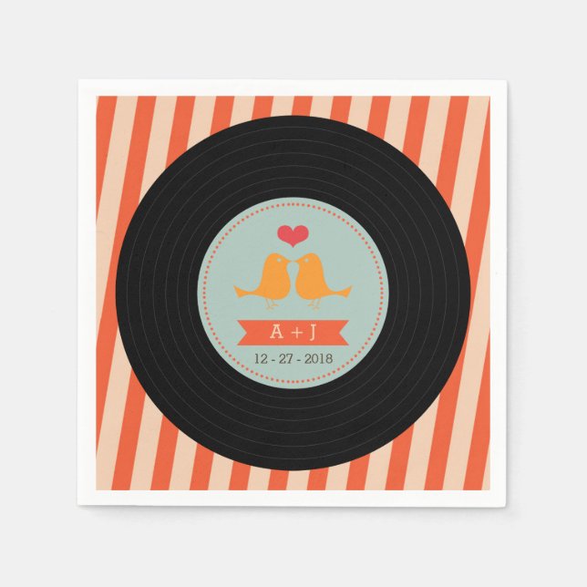 Modern Retro Vinyl Record Orange Sky Blue Wedding Napkin (Front)