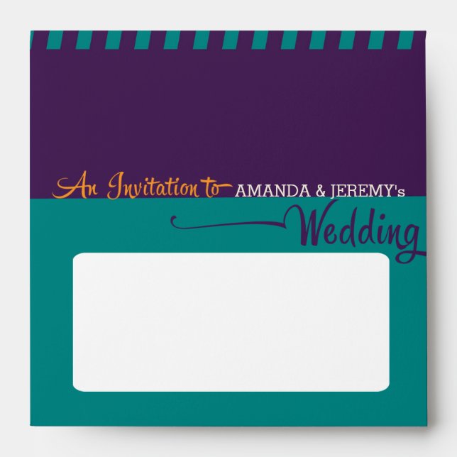 Modern Retro Vinyl Record Purple Aqua Wedding Envelope (Front)
