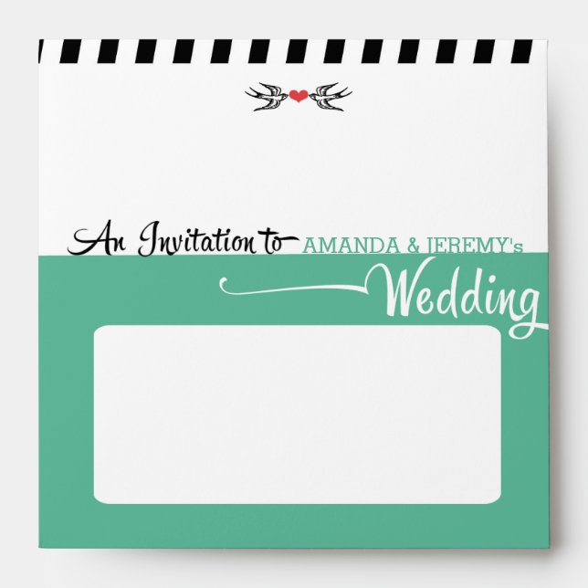 Modern Retro Vinyl Record Teal Black Wedding Envelope (Front)