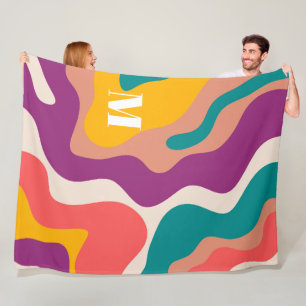 Modern Retro Wave Monogram Colourful Fleece Blanket