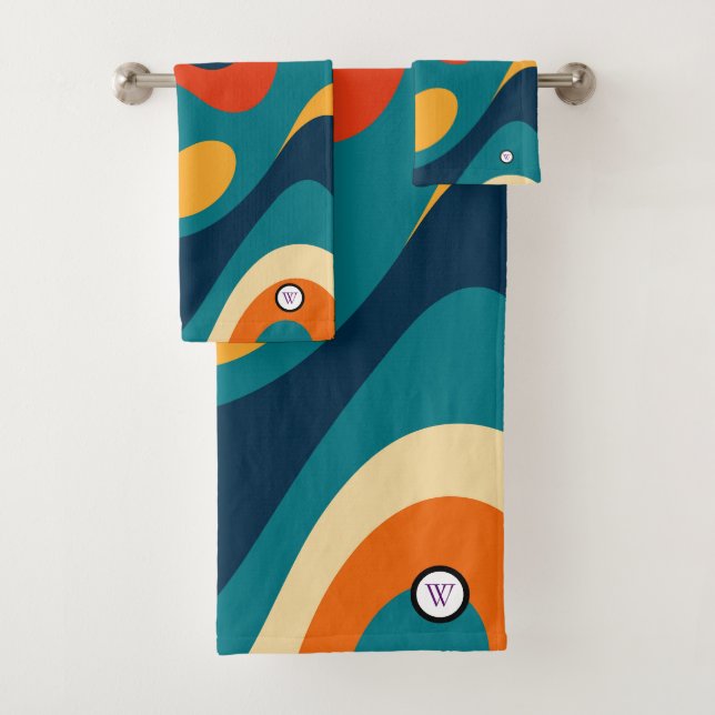 Modern Retro Wavy Abstract Pattern  Bath Towel Set (Insitu)