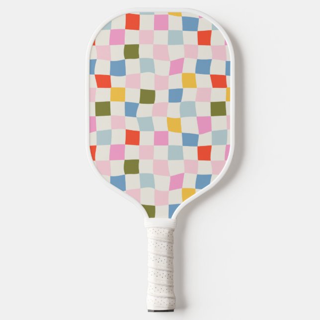 Modern Retro Wavy Checks - Fun blue P240434 Pickleball Paddle (Front)