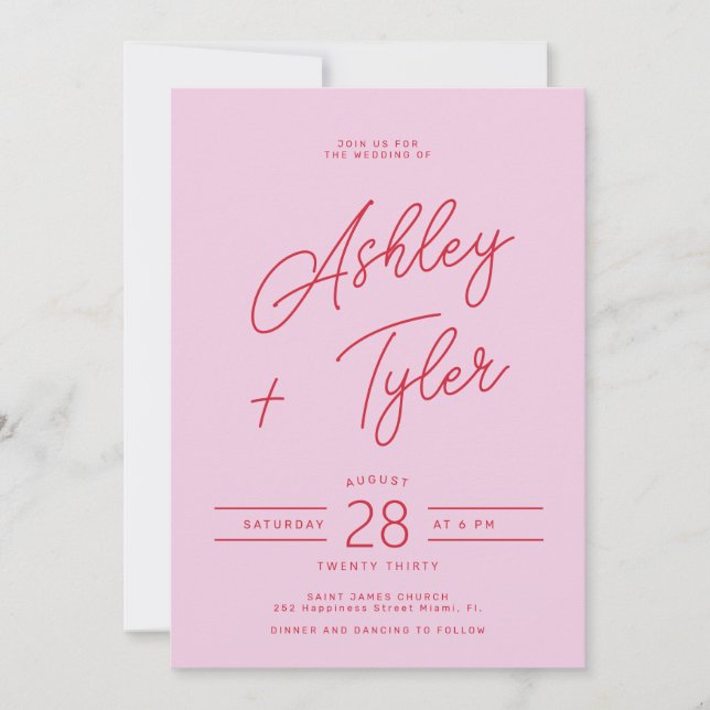 Modern retro whimsical red script photo wedding invitation (Front)