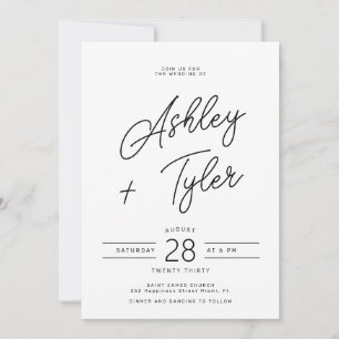 Modern retro whimsical script all in one wedding invitation