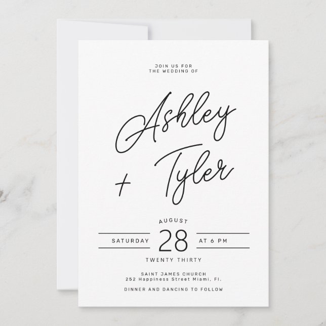 Modern retro whimsical script all in one wedding invitation (Front)