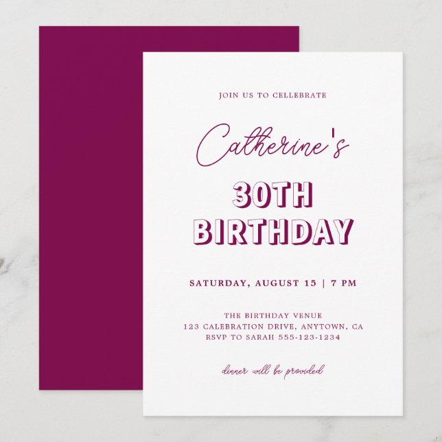 Modern Retro Wine 30th Birthday Party Invitation (Front/Back)