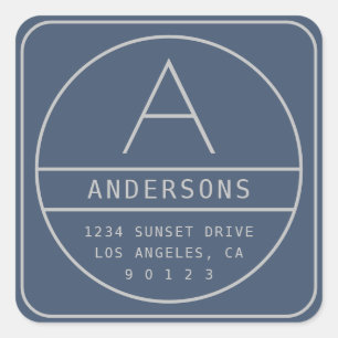 Modern Return Address & Monogram   Blue Grey Square Sticker