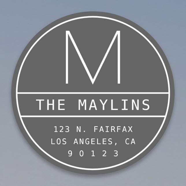 Modern Return Address & Monogram | Dark Grey Classic Round Sticker (Creator Uploaded)