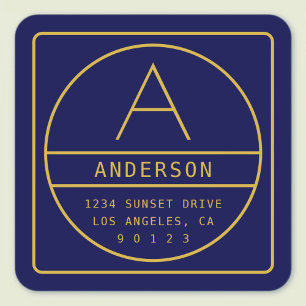 Modern Return Address & Monogram Gold & Navy Square Sticker