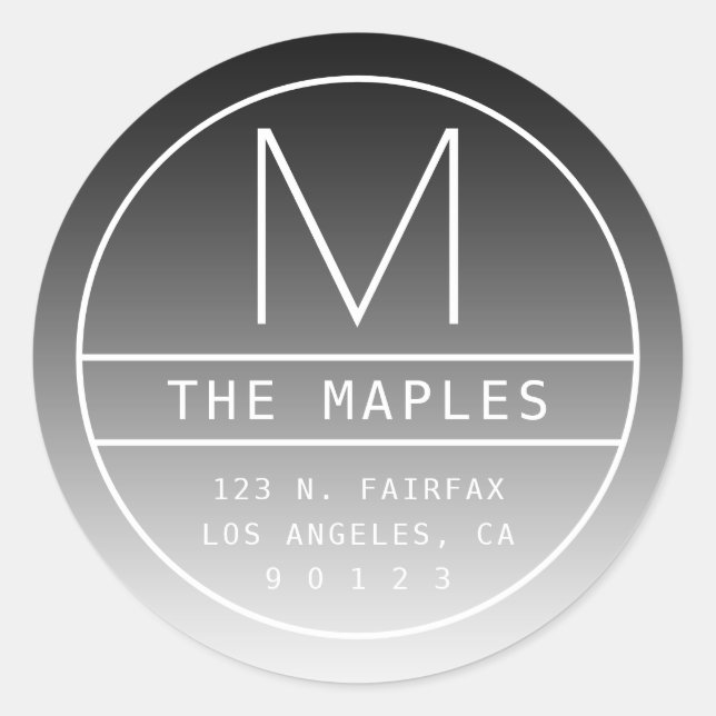 Modern Return Address & Monogram | Gradient Black Classic Round Sticker (Front)