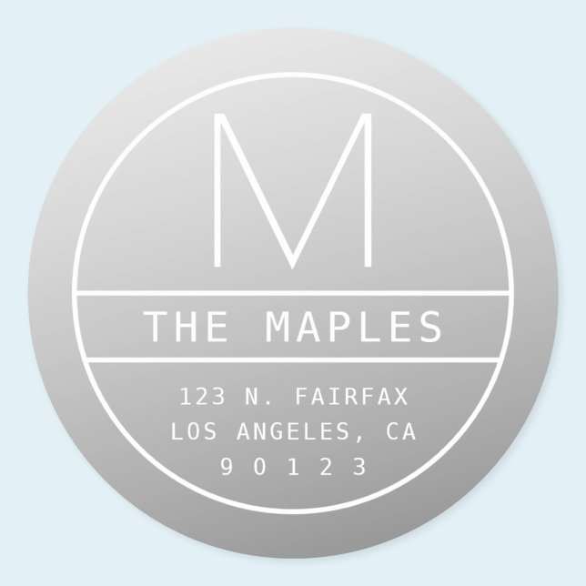 Modern Return Address & Monogram | Gradient Grey Classic Round Sticker (Creator Uploaded)