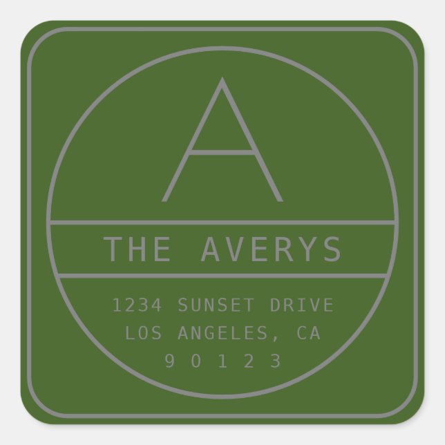 Modern Return Address & Monogram | Green & Grey Square Sticker (Front)