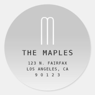 Modern Return Address & Monogram   Grey Ombre Classic Round Sticker