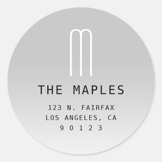 Modern Return Address & Monogram | Grey Ombre Classic Round Sticker (Front)