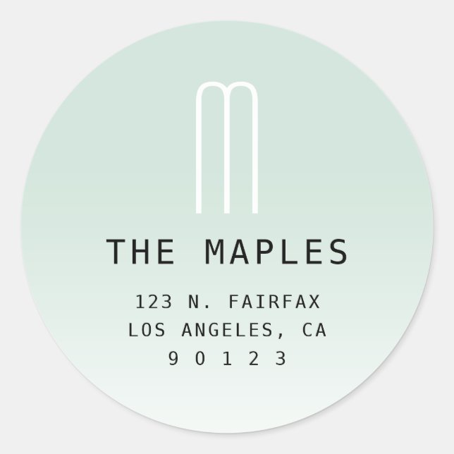 Modern Return Address & Monogram | Light Green Classic Round Sticker (Front)
