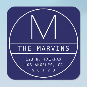 Modern Return Address & Monogram   Navy Blue Square Sticker