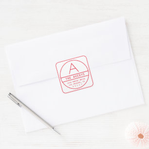 Modern Return Address & Monogram   Red Square Sticker