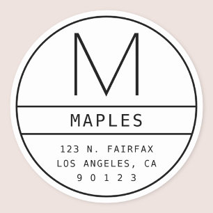 Modern Return Address & Monogram   White & Black Classic Round Sticker