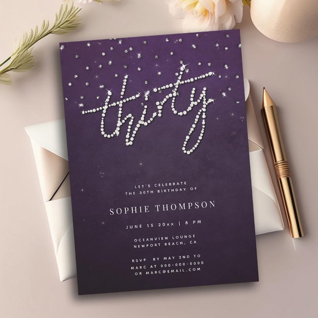 Modern Rhinestones Glitter Purple 30th Birthday Invitation (ELEGANT RHINESTONES 30TH BIRTHDAY INVITATION FOR WOMEN GLITTER PURPLE CLASSY MODERN SIMPLE CHIC)