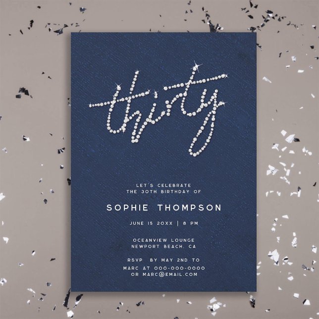 Modern Rhinestones Navy Blue Glam 30th Bday Soiree Invitation (modern simple rhinestones glitter glam navy blue 30th birthday party invitation women soiree dinner)