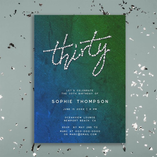 Modern Rhinestones Navy Emerald Glam 30th Soiree Invitation (rhinestones glam modern classy elegant emerald green navy 30th birthday invitation soiree dinner)