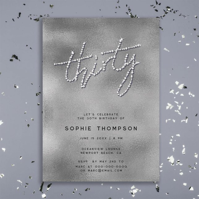 Modern Rhinestones Silver Reflexions Glam 30th Invitation (modern glam elegant rhinestones calligraphy 30th birthday invitation for women classy chic soiree)