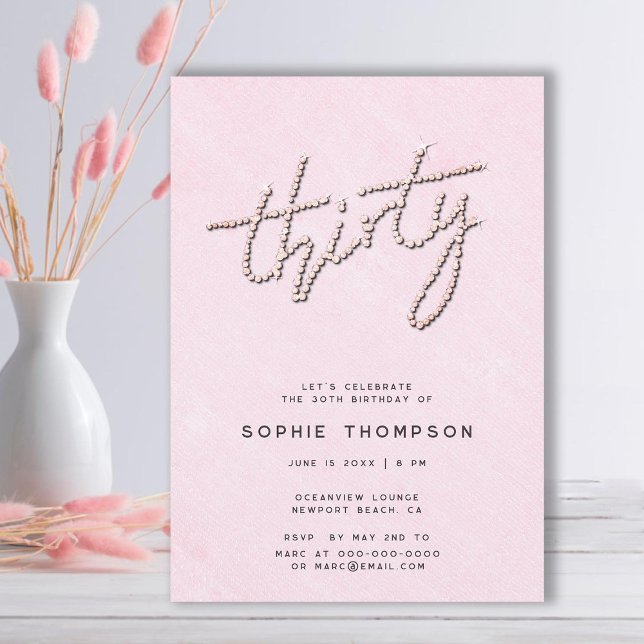 Modern Rhinestones Sweet Pink Chic 30th Birthday Invitation (elegant modern rhinestones soft pink 30th birthday invitation for women classy glitter calligraphy)