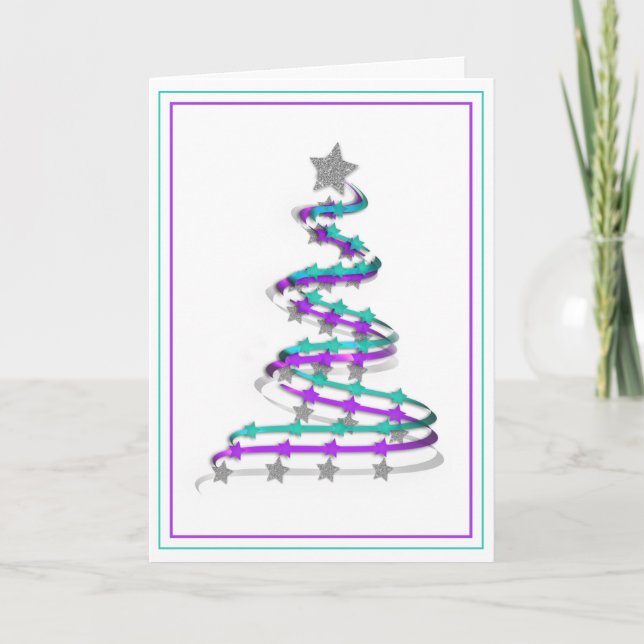 Modern Ribbon Christmas Tree Art Purple and Teal Holiday Card (Front)