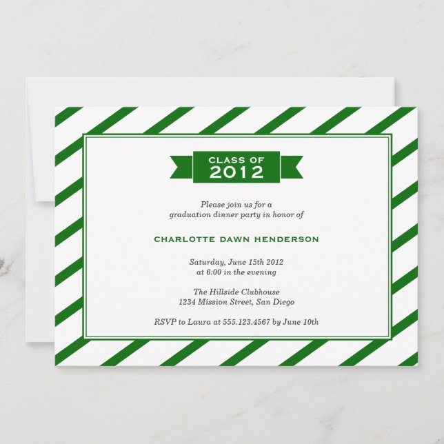 Modern ribbon green stripe graduation invitation (Front)