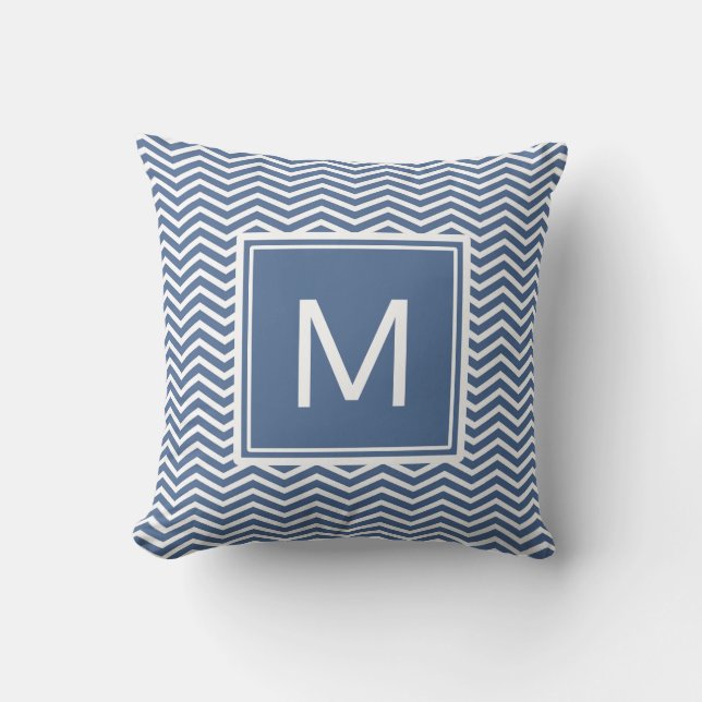 Modern Riverside Blue Chevrons and Monogram Cushion (Front)